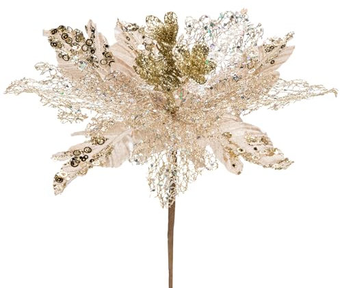 Arborus 6 fiori artificiali a forma di stella di Natale glitterata, 29 cm, grandi fiori di Natale, decorazioni per albero di Natale, champagne, stella di Natale, decorazioni natalizie per ghirlande di