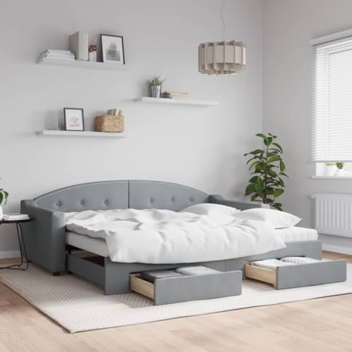 THOYTOUI Tagesbett Ausziehbar, Bett Massivholzbett Bettsystem Betten Geeignet für Mehrbettzimmer Wohnung Hotel Gästezimmer mit Schubladen Hellgrau 90x200 cm Stoff