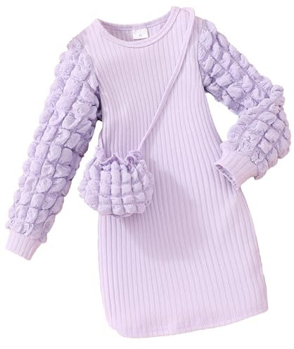JiAmy Vestito da Bambina a Sbuffo Maniche Lunghe A-Line Abito da Elegante Autunno Inverno Vestito con Tasca Vestiti Casual per Ragazze Bambini 4 Anni Viola