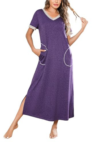 Jezonga Chemise de Nuit Femme Coton Longue Robe de Nuit à Manches Courtes Col en V Vêtements de Nuit Ete avec Poches - Violet,M