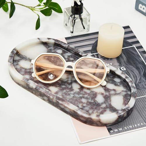 Denique Natural Luxury Calaccata Viola Marble Tray for Bathroom Countertop, 10.2 Vanity Tray Oval Deorative Tray, Countertop Organizer, Jewelry Dish Ring Holder for Dresser