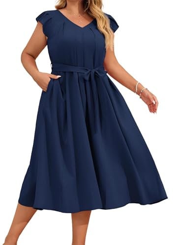 Hanna Nikole Plus Size Women Imitation Linen Dress Plus Size Maxi Casual Dresses Solid Color Ruffle Sleeve A-Line Dress Navy 24