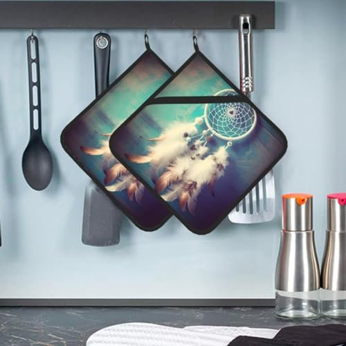 White Dream Catcher Feather Pot Holders Set of 2 Thick Heat Resistant Large Coaster for Kitchen Hot Pads with Pockets Oven Mitts Non Slip Potholders for Cooking Baking 8 X 8 Inches