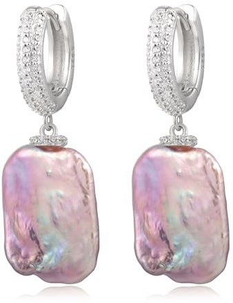 YAMI Damen Barock Perlenohrringe, 38x15 mm Weiß/Rosa Perlenohrringe Hängend | Perlen Ohrringe Silber 925 mit Ohrhaken aus Sterling Silber und Zirkonia; Hypoallergenes, Geeignet für Verschiedene Anlässe