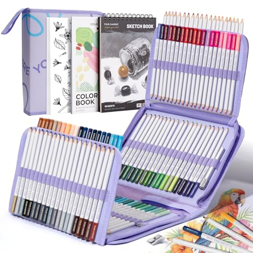 Four Candies 194-teiliges Buntstifte-Set, 120 weiche Stifte für Malbücher, Zeichnen, Mischen & Schattieren. Kunstset mit Tasche & 3-Farben-Skizzenbuch für Künstler und Anfänger