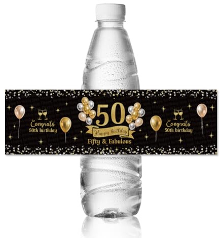 ANATTASOUL 30pcs Etiquetas para Botellas 50º Compleanno Con Palloncini de Agua Envolturas de Botellas de Agua Pegatinas para Botellas de Agua para Decoración de Fiestas