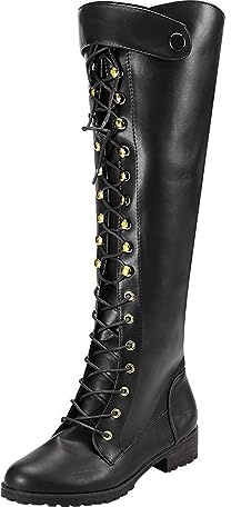 PAIDAXING Stivali alti al ginocchio da donna, stile retrò, gotico, con lacci, in pelle, vintage, tinta unita, invernali, autunnali, con tacco a blocco, antiscivolo, Nero , 40 EU