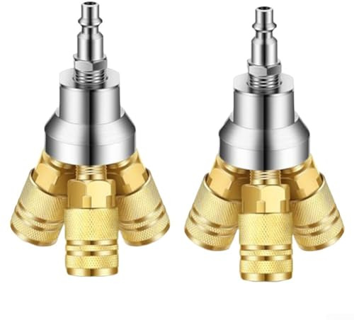 3 Way Air Manifold Set with Steel Couplers Compatible with M D IM Standard 14 Thread for Compressor Hose Nail-Gun Welder Tool Copper Plated Iron Yellow 2 Pcs