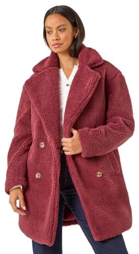 Roman Originals Women Faux Fur Coat - Ladies Jackets Teddy Bear Plush Casual Soft Fluffy Textured Oversized Warm Cosy Autumn Winter Flattering - Burgundy - Size 8