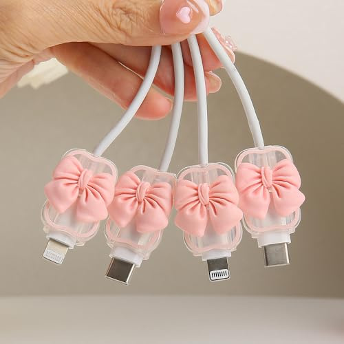 QLD COVER 4pcs Cable Connection Protector, Cute 3D Bow Tie Waves Design for Apple Lightning/Type-C Data Line Head Cord Savers Wire Protection Cover Anti-break Charger Cables Sleeves, Pink Bow