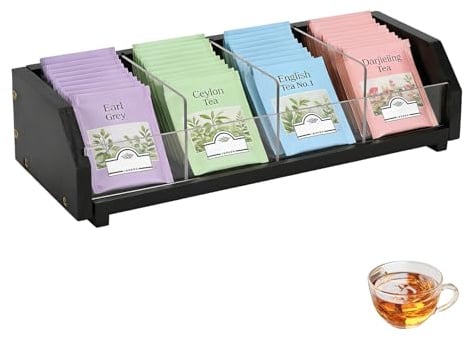 Tea Bag Holder Organizer Black 4 Compartment Solid Wood Tea Box with Acrylic Dividers to Organize and Store Tea Bag for Countertop, Cabinet, Drawer (Dark)