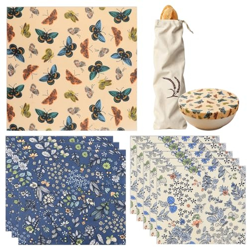 Scettar Bienenwachstücher Wiederverwendbar,9er Set mit Leinenbeutel,Nachhaltige Frischhaltefolie für Brot,Käse,Obst und Sandwiches,Beeswax Wraps in Klein, Mittel & Groß mit Schmetterlingsdesign