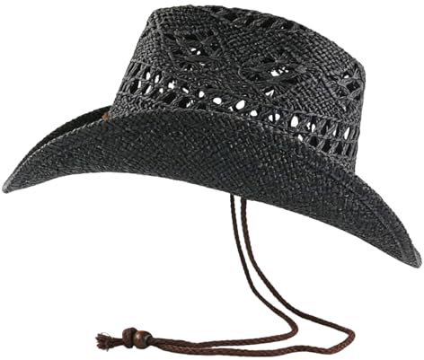 PWGGMAA Summer Adult Western Straw Cowboy Hat with Adjustable Chin Strap | Breathable cutout wide brim cowgirl cap,sun protection,beach travel outdoor cowboy hat,braided hat band,lightweight foldable