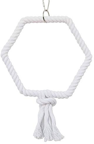PARROT ESSENTIALS Hexagon Cotton Rope Swing - Natural Cotton Rope Perch Wooden Swing for Parrots, Budgies, Conure and More - Parrot Toy Nest Swing Encourages Foot Exercise - Hanging Rope Parrot Toy