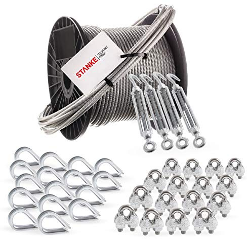 Seilwerk STANKE Cuerda de acero galvanizado en cubierta de PVC 40m, Cuerda de acero con diámetro de 6mm 6x7, 4x tensor gancho-ojo M10, 16x guardacabo, 16x abrazadera - SET 6