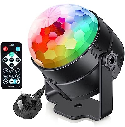 Plug in Disco Ball Lights Rotating Sound Activated Party Lights | Mains Powered, Remote Control, for Parties Home Bedroom, Kids Friendly, Small Portable, 3W RGB, 360°Rotation