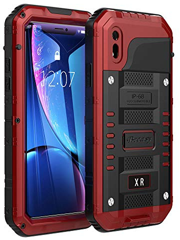 Beeasy Hülle Kompatibel mit iPhone XR, Wasserdicht Stoßfest Outdoor Handy Case Militärstandard Schutzhülle mit Displayschutz Robust Metall Schutz vor Stürzen Stößen Heavy Duty Handyhülle,Rot