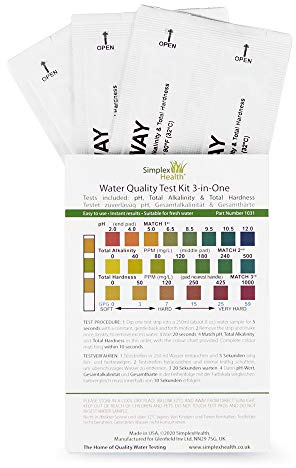 SimplexHealth Wassertest-Set für Zuhause 3-in-1 (5 Teststreifen) Trinkwasser, Teiche, Aquarien für Gesamthärte, Alkalinität und pH-Wert