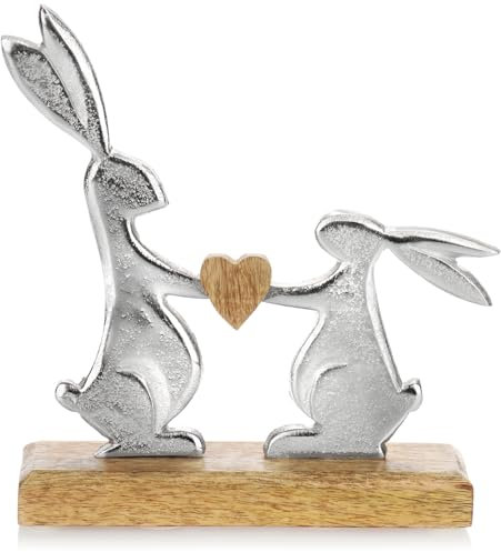 com-four® Premium Deko-Hasen Pärchen mit Herz - Zwei Metall-Hasen auf Sockel aus Mongoholz - Osterhasen aus Metall zum Hinstellen für Ostern (01 Stück - Hasen mit Herz L)