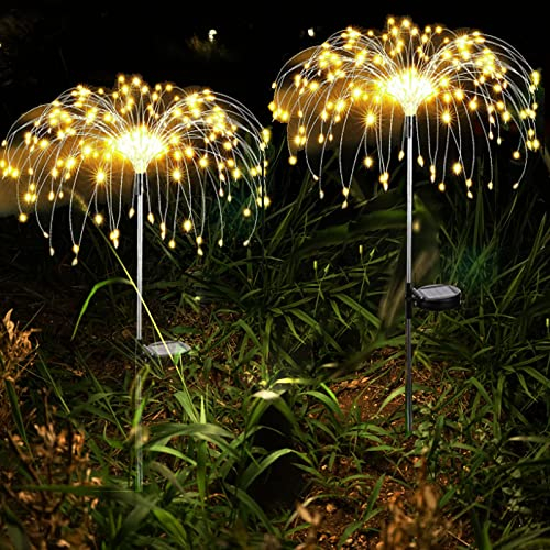 XRR Solarlampen für Außen 2 Stück 120led Solar Feuerwerk Licht 2 modi Beleuchtungs Wasserdicht Warmweiß LED Solarleuchten Garten für Weg Hinterhof Weihnachtsdekoration Partys (warmweiß)