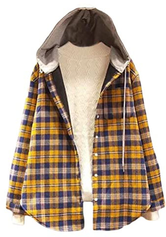 Minetom Chemises Femme Automne Hiver Blouses à Carreaux Manches Longues Chemise Chaud Velours Veste à Capuche Manteau C Jaune XL