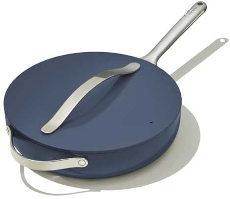 Caraway Sartén de cerámica con tapa, interior recubierto de cerámica duradera y no tóxica, asas de acero inoxidable, apta para inducción, gas y estufas eléctricas, apta para horno, azul marino