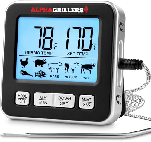 Alpha Grillers Termometro per alimenti e carne per forno con sonda di temperatura, termometro digitale da forno per cucinare in cucina e grigliare con 7 temperature preimpostate e timer