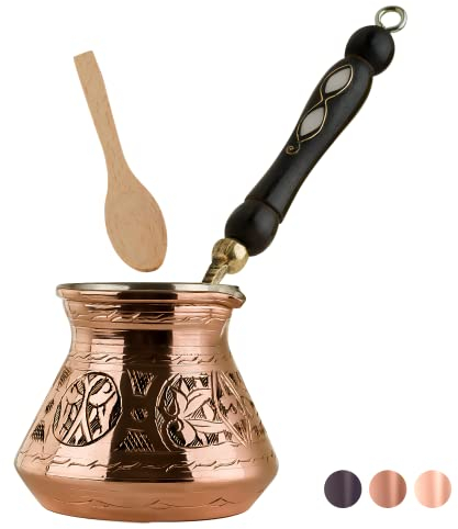 BCS Kaffeekanne aus Kupfer, türkisch, griechisch, arabisch, mit Holzgriff (4 Portionen), Cezve Ibrik Briki Herdplatte, inklusive Holzlöffel, 340 ml