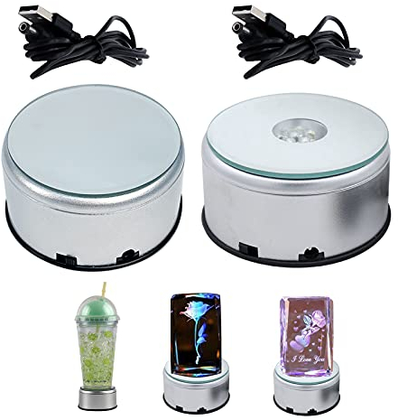 YWNYT LED Rotating Display Stand, 2 PCS Display Turner for Epoxy Glitter Tumblers, Crystal Display Spinner Stand Base 7 Colored Automatic Revolving Platform for Displaying Glitter Cups