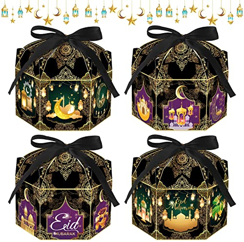 12 Stücke Ramadan Geschenkschachteln, Sechseckige Geschenkbox mit Bänder, Muslimische Leckerlis Geschenktüten, Eid Mubarak Party Favor Taschen, Zugunsten Box für Islamischen Muslim Eid Party Supplies
