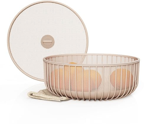 LIBKEN Metal Fruit Bowl with Mesh Lid and Basket - Fruit and Vegetable Holder For Kitchen Counter - Countertop Display Baskets Organizer - Bowl Storage for Veggie, Fruits, Snack, and Banana - Peach