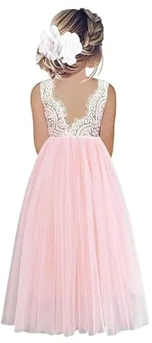 Odizli Blumenmädchenkleider Prinzessin Kleid Mädchen Kinder Ärmellos Spitze Rückenfreies A-Linie Tüllkleid Festlich Hochzeit Erstkommunion Geburtstag Abendkleid Lang Ballkleid Rosa #A 7-8 Jahre