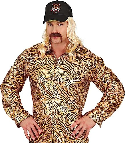 MIMIKRY Tiger King Herren Kostüm-Set Joe Exotic Hemd Gold/Schwarz mit Zebra-Muster und Kappe, Größe:M