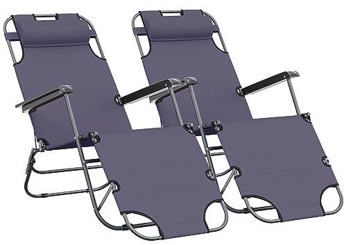 Outsunny Lot de 2 Chaises Longue Pliable Bain de Soleil Fauteuil Relax Jardin transat de Relaxation Dossier inclinable avec Repose-Pied Polyester Oxford Gris