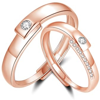 Bewenda Silber Paar Ringe, 925 Sterling Silber Partner Ringe für Damen & Herren, Verstellbar Partnerringe Verlobungsring Hochzeitsring, Eheringe Rosegold Band Ring Set mit Weiß Zirkonia Geschenkbox