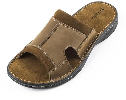 TIESTRA Mens Leather Sandal Wide Fit Walking Fisherman Sandal leisures Outdoor Open Toe Comfortable Soft Summer Beach Shoes Brown UK13/47EU