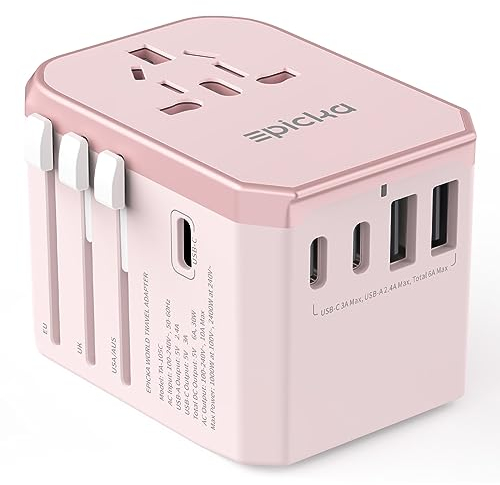 EPICKA Adattatore Universale da Viaggio 30W, Adattatore Presa Universale da Viaggio, Adattatore Giappone da Viaggio con 3 USB-C, 2 USB-A, Adattatore Spina per Italia USA UK Australia,Rosa