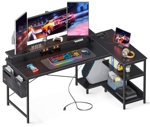 ODK Scrivania Gaming a L, 147x80cm Scrivania ad Angolo con Ripiani Portaoggetti, Scrivania Angolare Reversibile con Prese di Corrente e USB, Tavolo a L per Casa Ufficio, Nero