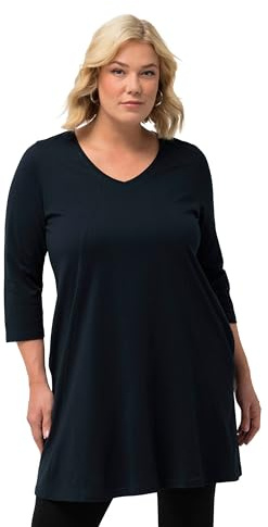 Ulla Popken Damen große Größen Übergrößen Plus Size Longshirt, Ziernähte, A-Linie, V-Ausschnitt, 3/4-Arm Marine 62+ 827537130-62+