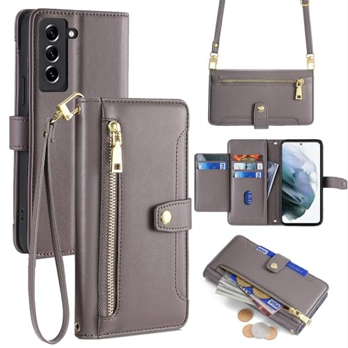 Handykette Hülle Kompatibel mit Samsung Galaxy S21 | Leder Handyhülle mit Kartenfächern | Frauen Brieftasche Klapphülle zum Umhängen | Grau