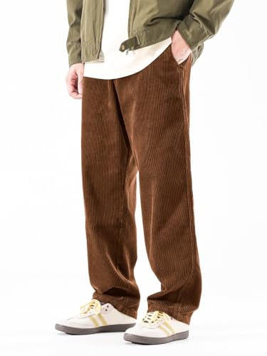 PLEPAN - Pantalon ample en velours côtelé pour homme avec taille élastique et cordon de serrage, pantalon de survêtement, marron, Taille M