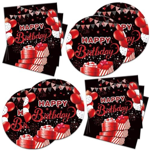 Generic 40Pcs Happy Birthday Party Supplies,Red and Black Paper Plates and Napkins Set,Red and Black Tableware for 20 Guests, reglue