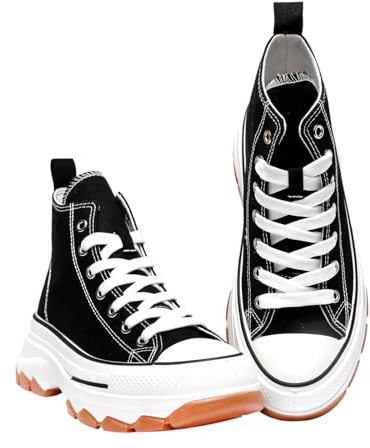 Nexsus Plus Ladies Women Chunky Sole Lace Up High Top Canvas Casual Trainers Sneakers Walking Gym Shoes Size UK3-9 (Black, UK Footwear Size System, Adult, Women, Numeric, Medium, 6)