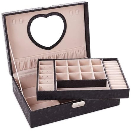 OXOAMP Schmuckkästen Schmuckschatulle aus Leder mit herzförmigem Spiegel, 2-lagig, große Schmuckschatulle mit Blattmuster, Schmuck-Organizer-Box, Schmuckhalter Geschenke(Noir)