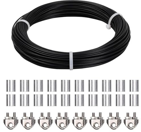 50m Filo in Acciaio Inox 3mm, Cavo Inossidabile Rivestito PVC 7x7 con 8 Morsetti Fune, 20 Manicotti Alluminio, Flessibile Sospensione Fune Metallica Giardino Appendere Stendibiancheria (Nero-3mm)