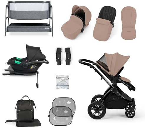 Ickle Bubba Stomp Luxe i-Size Cirrus Travel & Home 14-Piece Bundle with ISOFIX Base & Bubba&Me Bedside Crib – All-Terrain Pushchair with Accessories, Birth to 4 Years* (Black/Desert/Black)