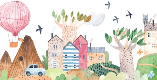 A.S. Création Fototapete Colourful Village 3,75 m x 2,50 m - WALLLOVE Kinderzimmertapete Buntes Dorf inkl. Kleister - DD129591