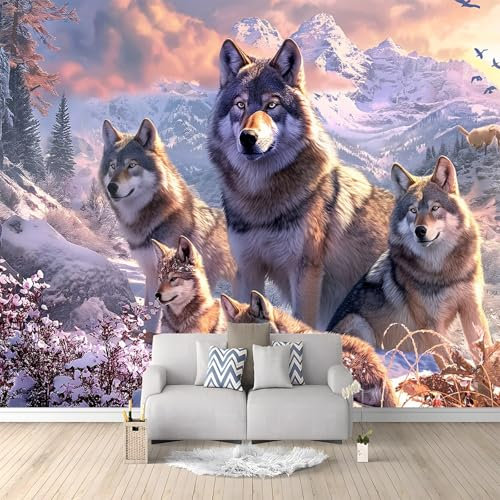 Wall Mural Wallpaper Animals Snow Mountain Wolf Pack Pattern Wall Decor for Living Room Bedroom Colorful Background Print Wallpaper Mural for Children's Room Office Non-Woven Wallpaper 400 x 280 cm