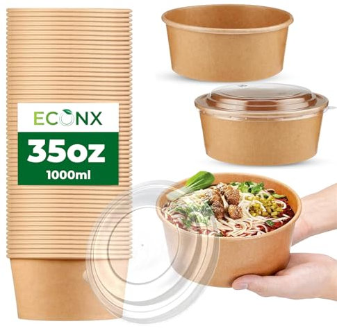 ECONX 35oz 1000ml Kraft Salad Paper Bowls with Lids 50 Pcs Disposable Takeaway Bowls Salad Food Container for Hot Cold Food Leakproof Soup Containers for Business, Restaurant