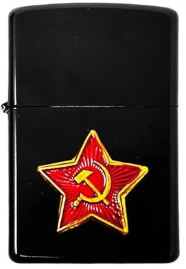 Benzinfeuerzeug, nachfüllbar, aus Metall mit Symbolen der Ex Sowjetunion USSR/CCCP
